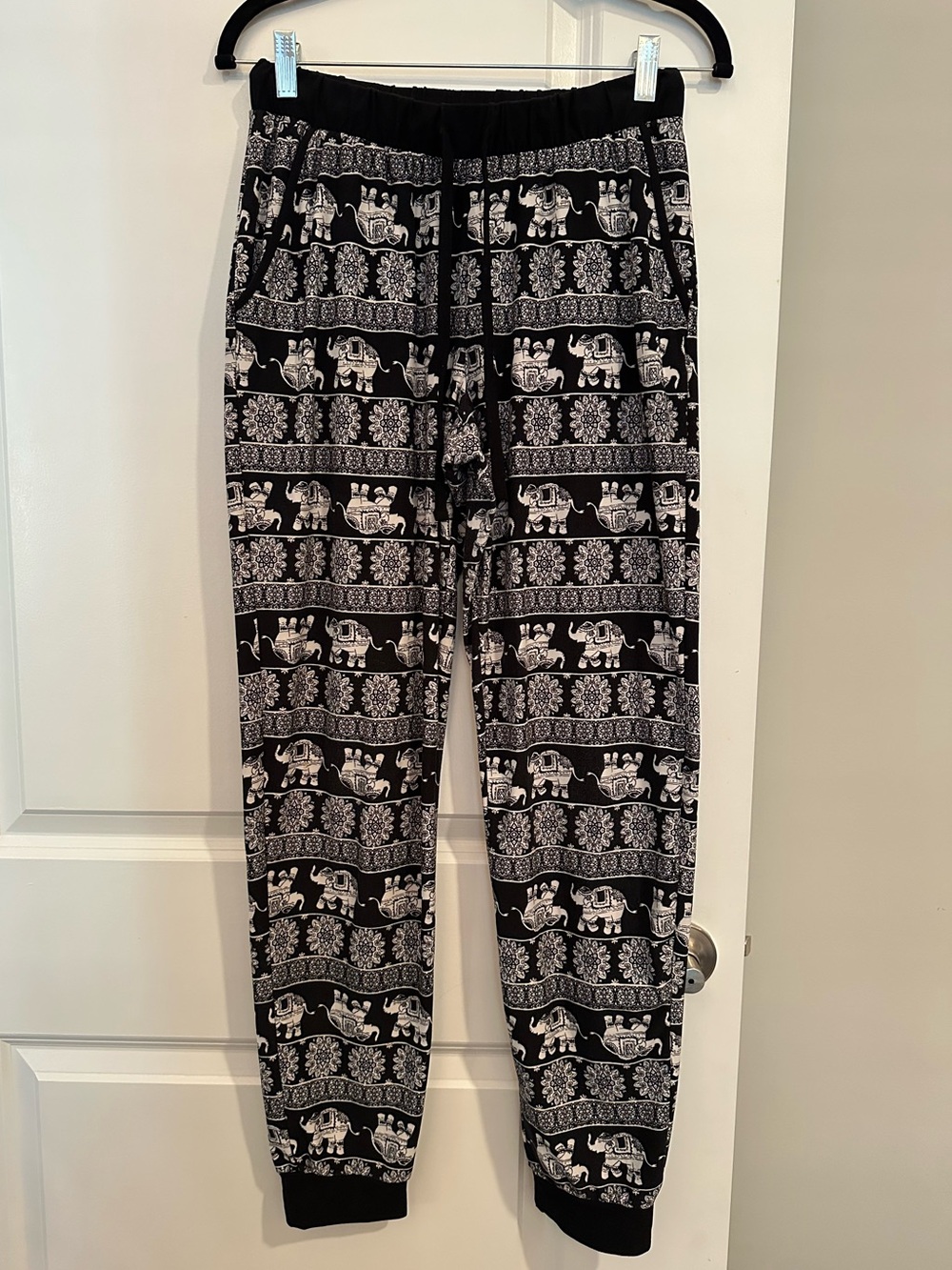 Black and White Elephant Print Jogger Pants with Elastic Waist Band Size Small